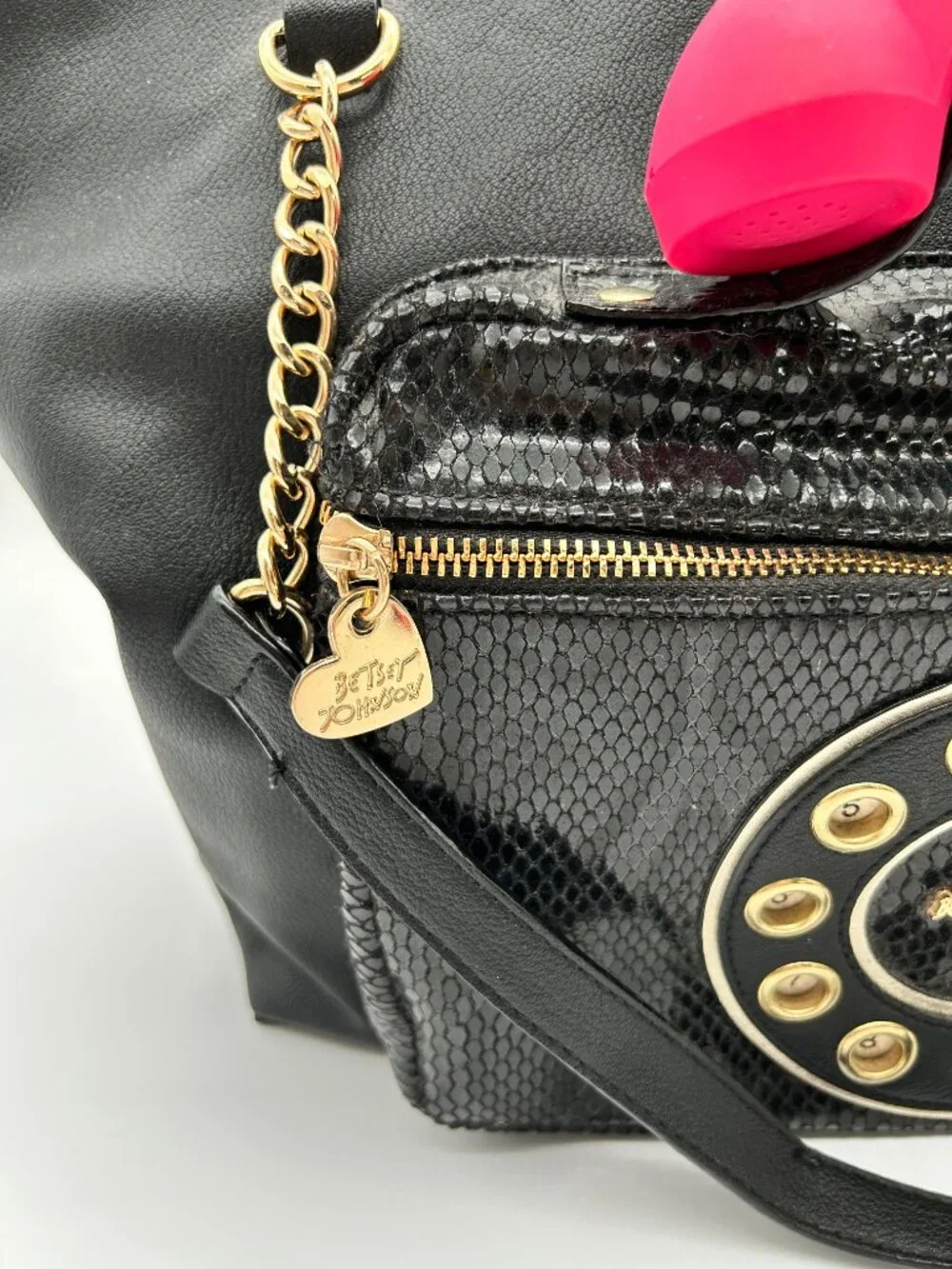 Betsey Johnson Hold Please Telephone Tote Bag - Black Snake Embossed Kitsch